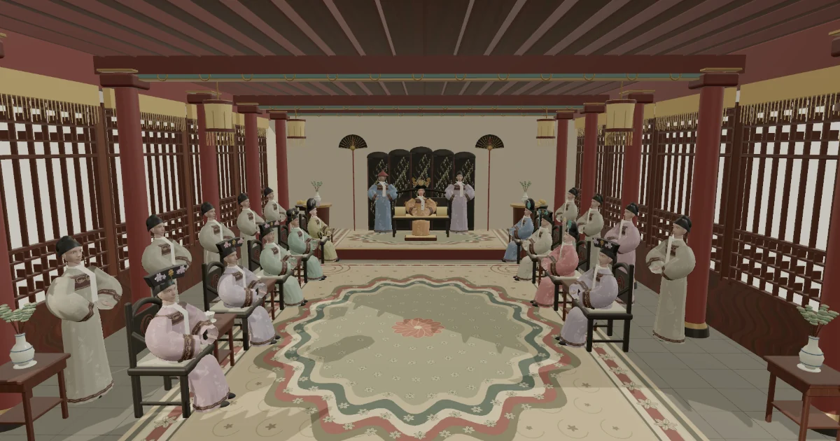 The assembled court in the modeled Jingren Palace.