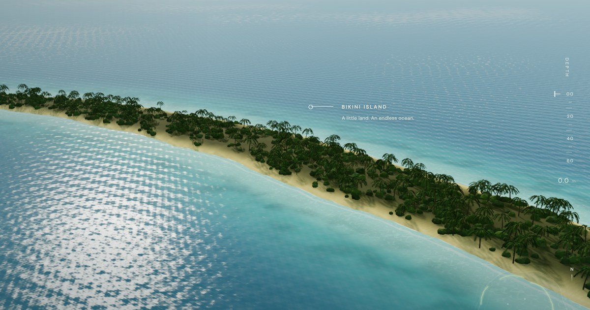 Turquoise lagoon water and a palm-lined coral island in the Bikini Atoll 3D experience.